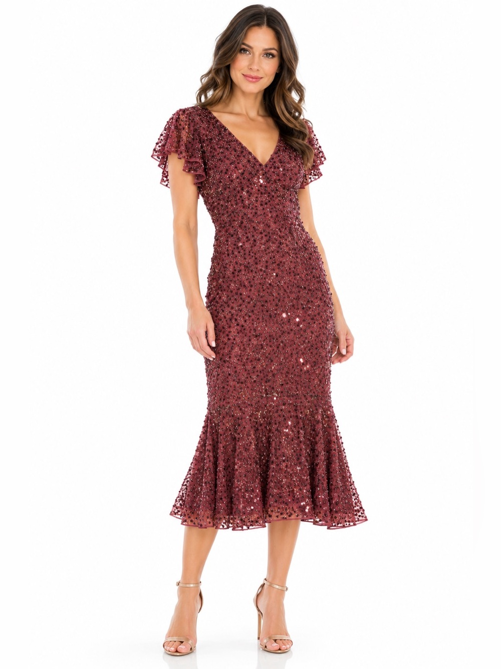 Mac Duggal Garnet Sequin Flutter Sleeve Trumpet Dress Size 2 NWT